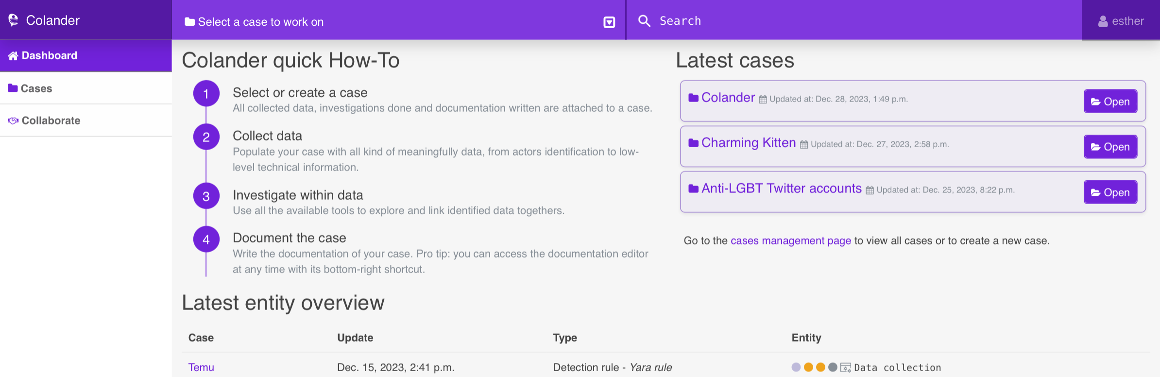 Overview of the Colander interface when no case is selected