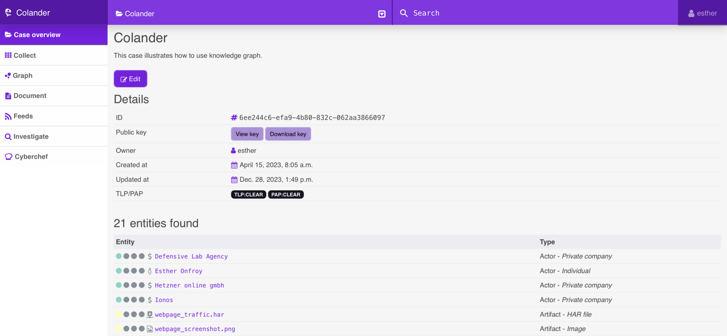 Overview of the Colander interface when a case is selected
